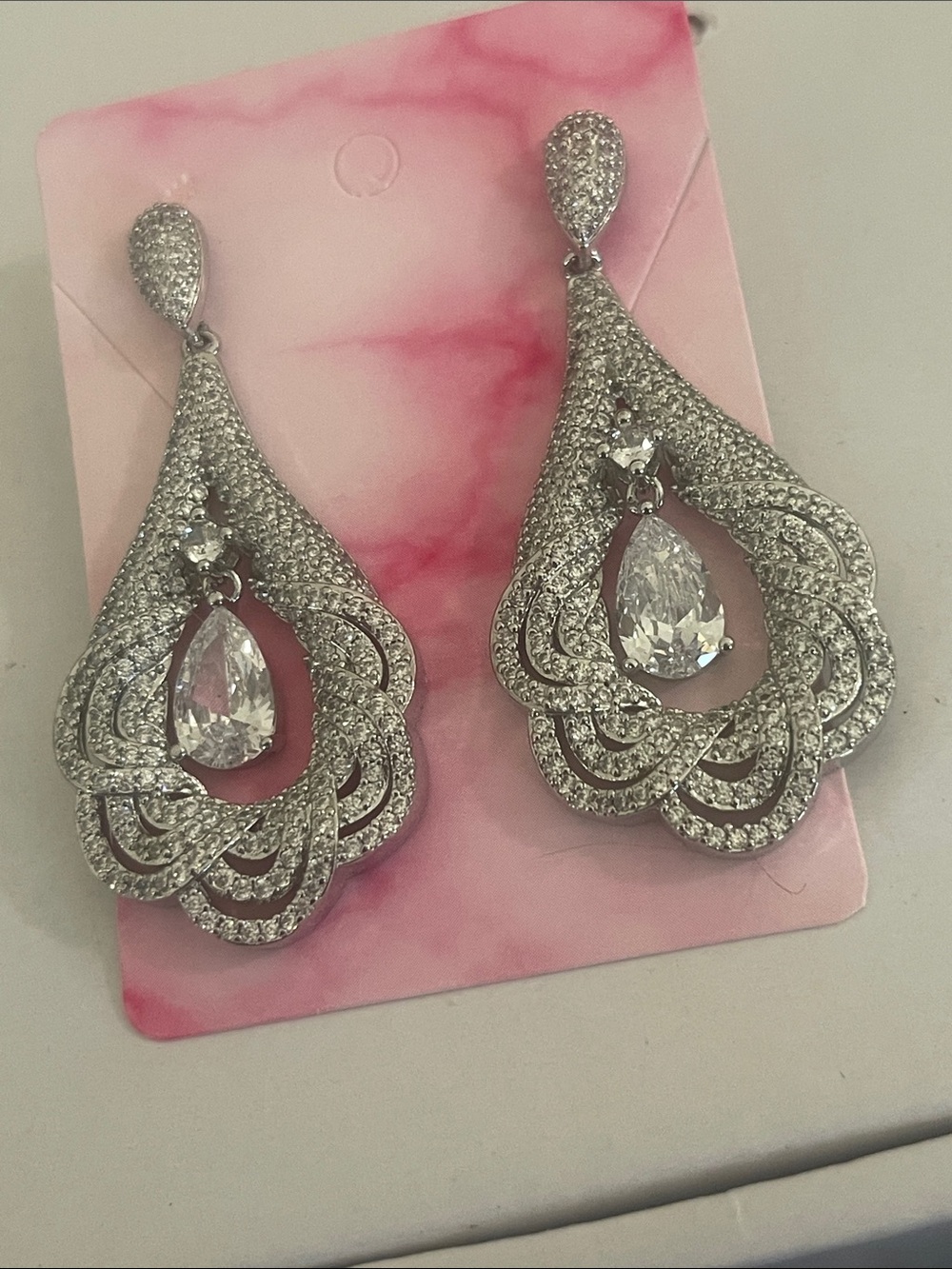 Crystal Teardrop Filigree Dangle Earrings - Silver Tone